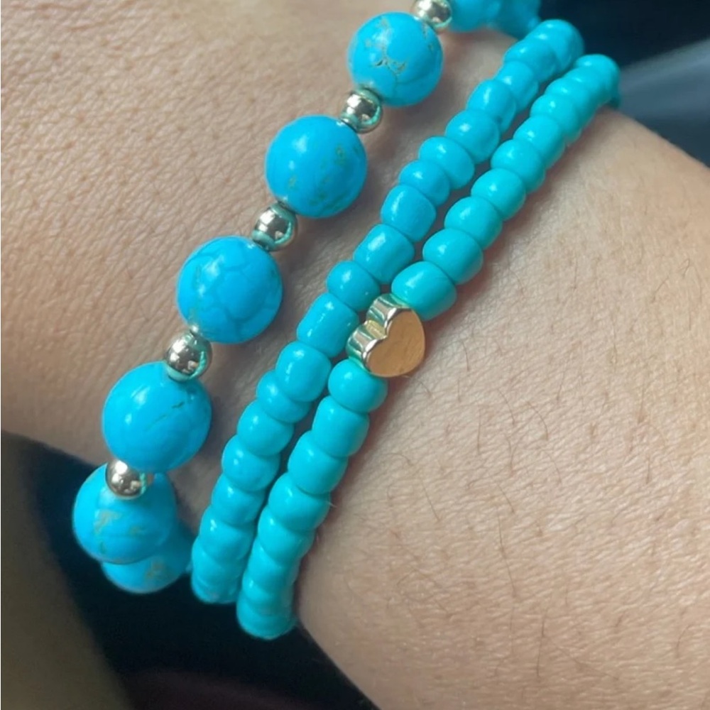 Turquoise and 18K Gold Beaded Bracelets with 18K gold heart Accent